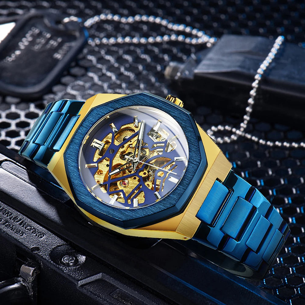 Montre mécanique classique Forsining à squelette pour homme Aiguilles lumineuses Bracelet en acier inoxydable Montres automatiques d'affaires irrégulières