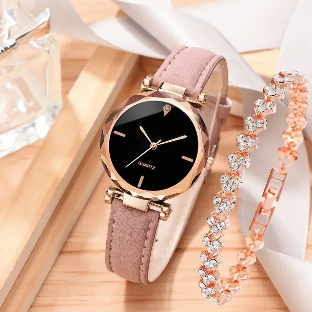 2PCS Set Luxury Watch Women Bracelet  Rhinestone Fashion Wristwatch Female Casual Ladies Watches Bracelet Set Clock