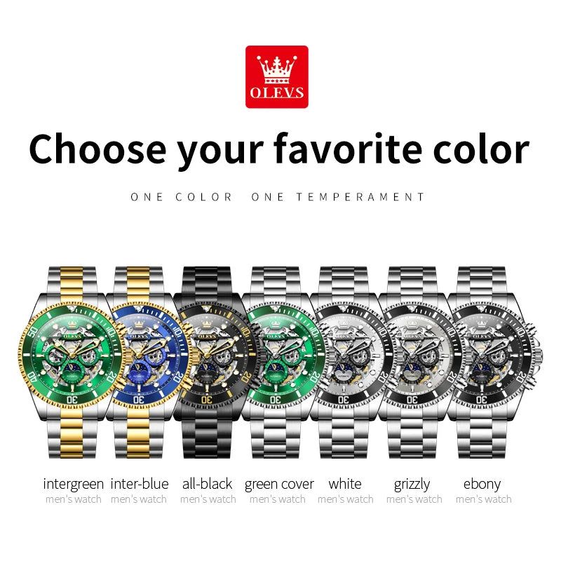 OLEVS 6715 Montre Homme Évidée Date Automatique Mécanique Pour Hommes 43mm Grand Cadran Phase de Lune Montre-Bracelet Étanche Tendance Pour Homme