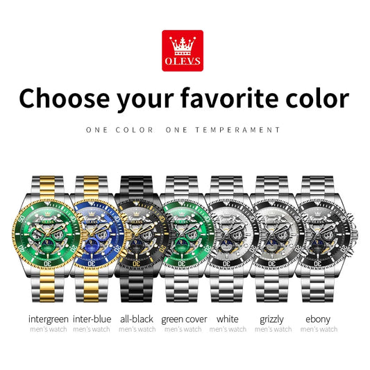 OLEVS 6715 Men's Watch Hollow Date Automatic Mechanical Watch For Men 43mm Big Dial Moon Phase Fashion Waterproof Man Wristwatch