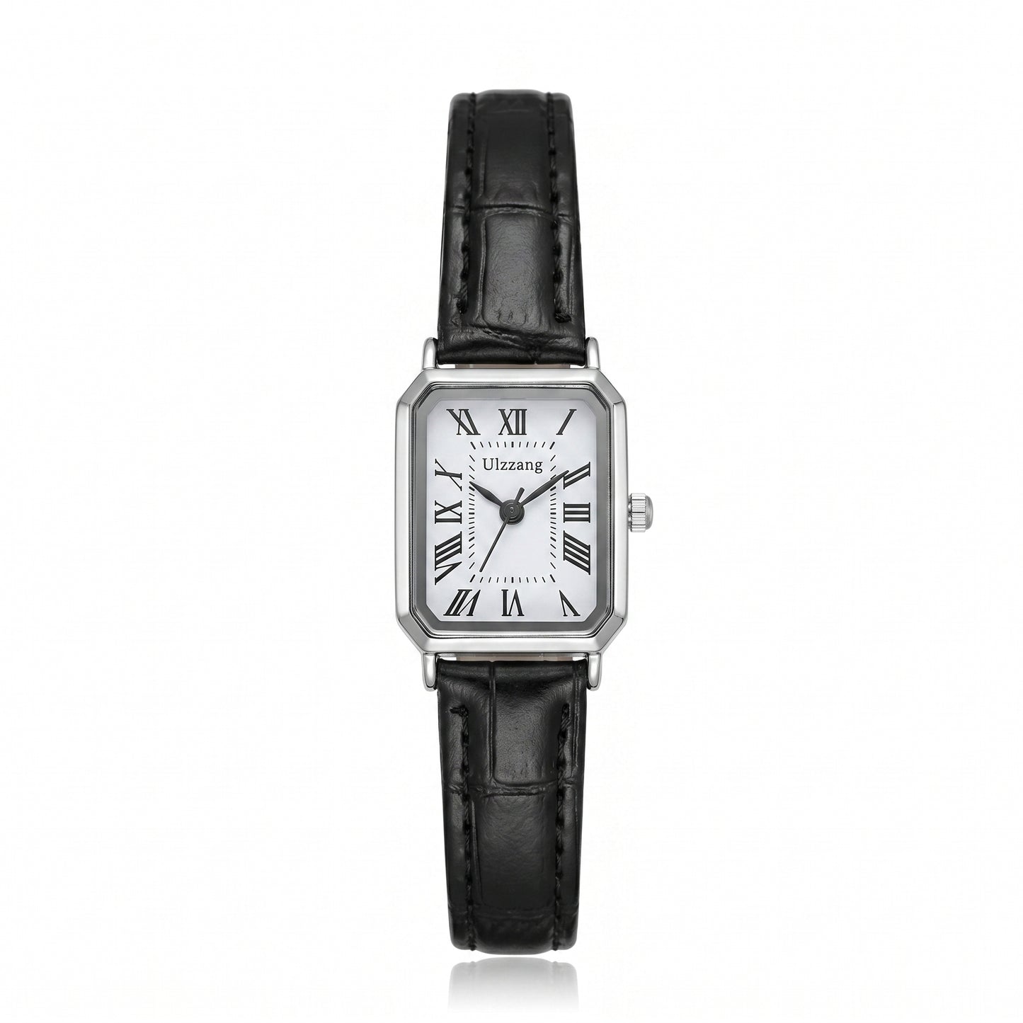 Women's rectangle watch with leather strap and vintage-inspired dial