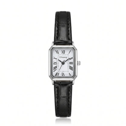 Women's rectangle watch with leather strap and vintage-inspired dial