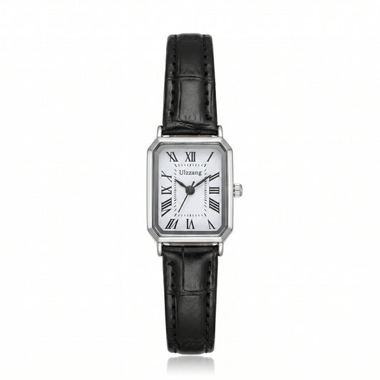 Women's rectangle watch with leather strap and vintage-inspired dial