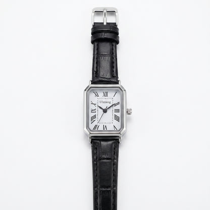 Women's rectangle watch with leather strap and vintage-inspired dial