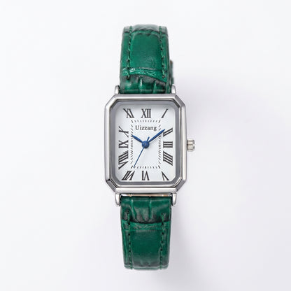 Women's rectangle watch with leather strap and vintage-inspired dial