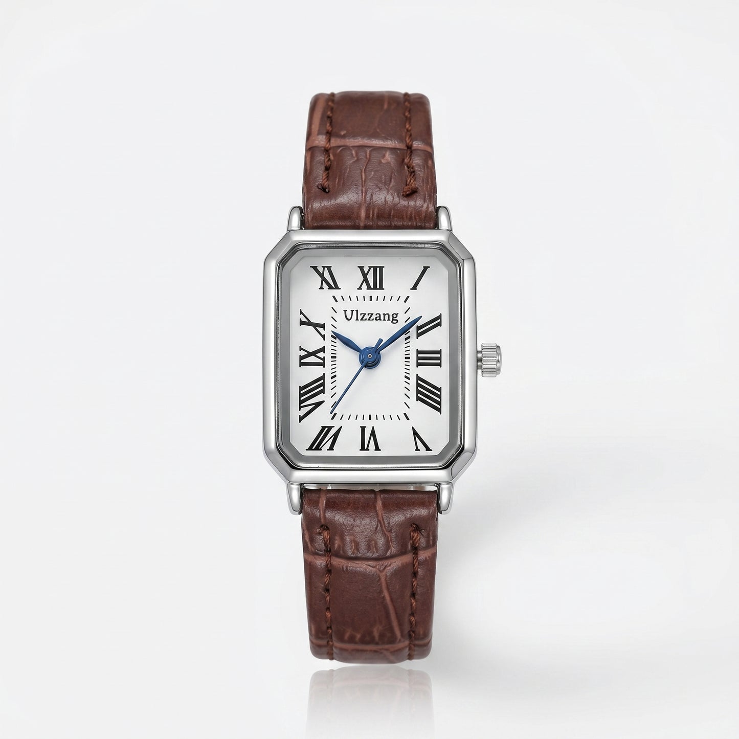 Women's rectangle watch with leather strap and vintage-inspired dial