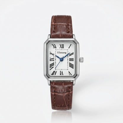 Women's rectangle watch with leather strap and vintage-inspired dial