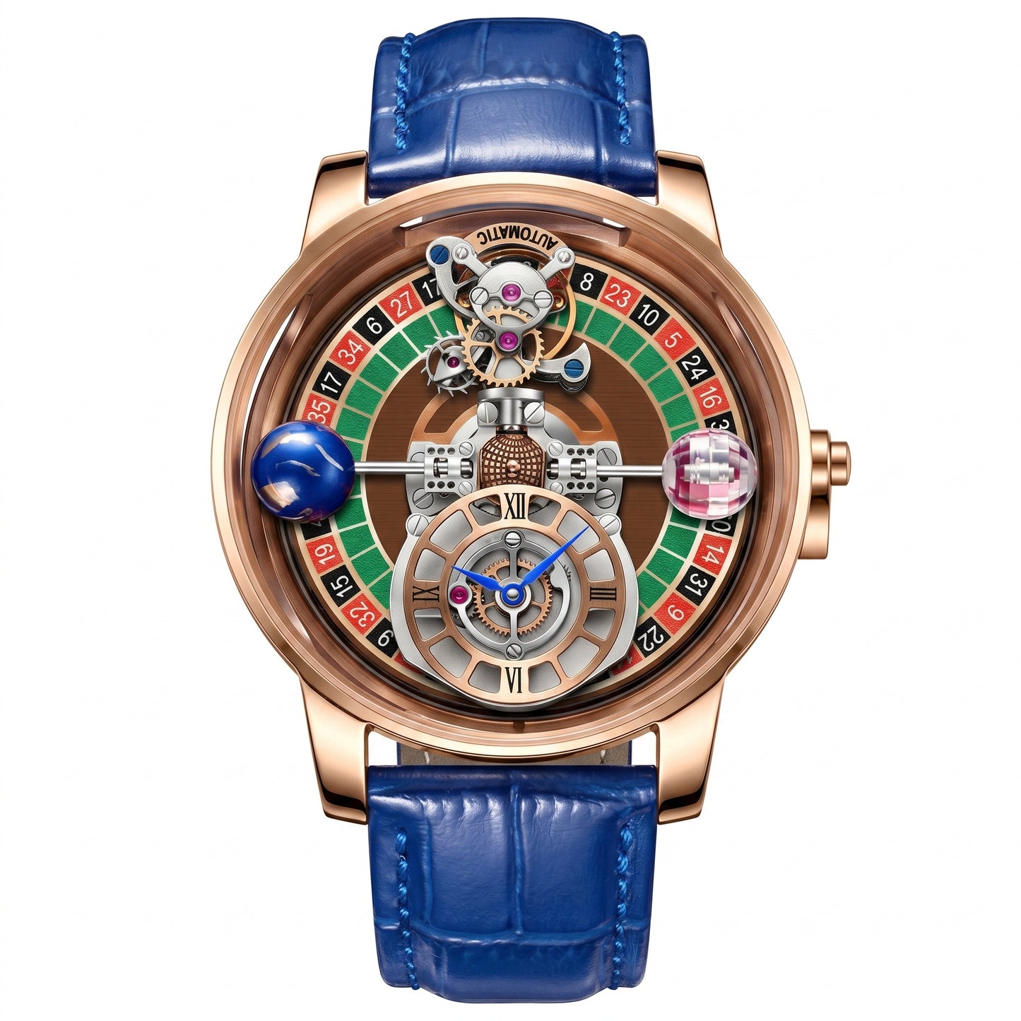 HAEMMER Celestial Roulette watch with transparent hollow dial and leather strap