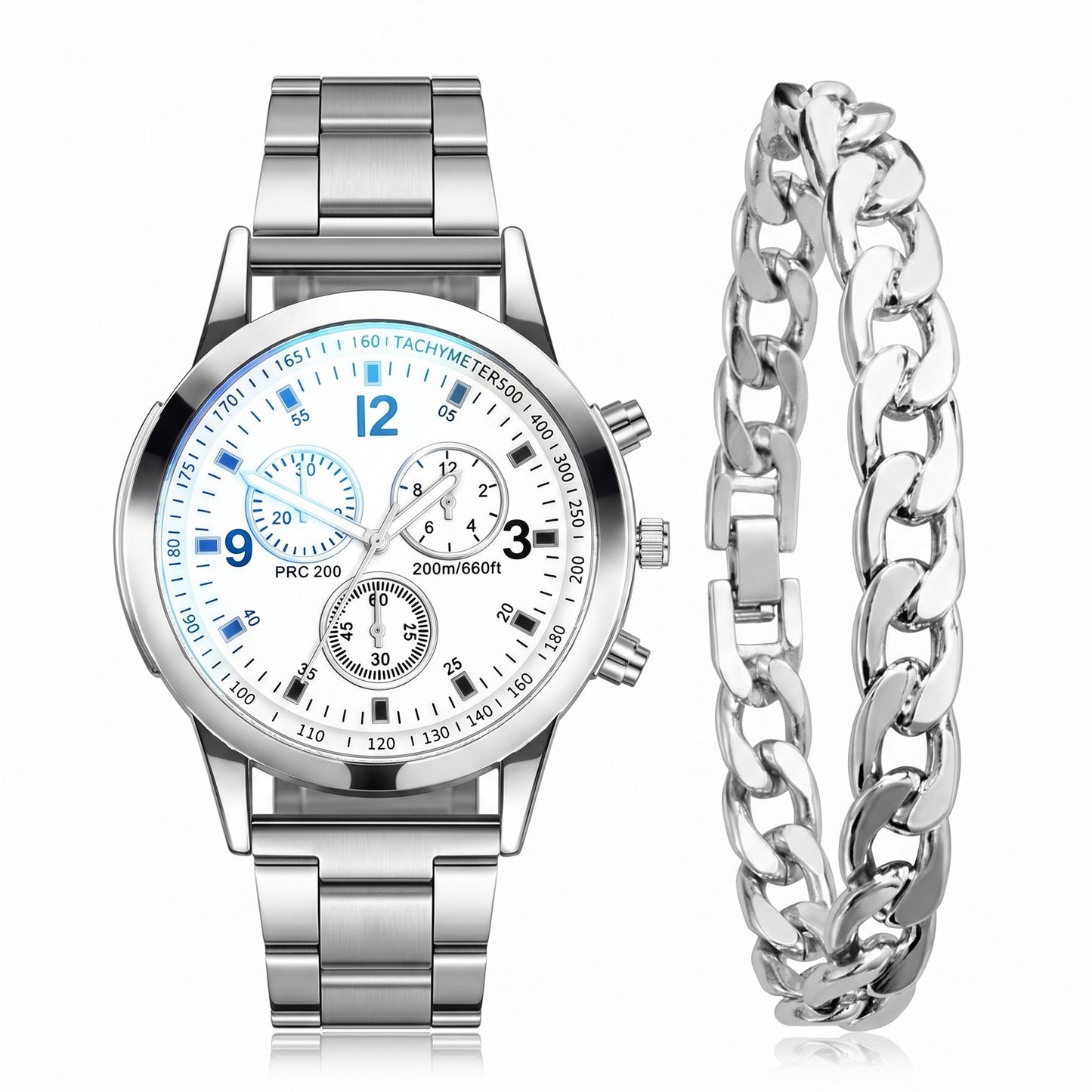 Men's quartz watch with stainless steel bracelet and matching accessory