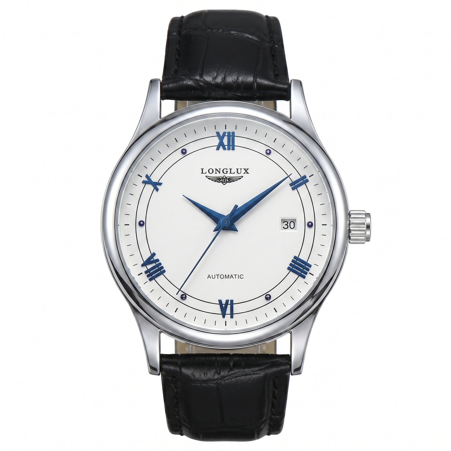 Automatic mechanical watch with date display and leather strap