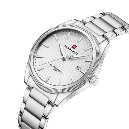 Silver Naviforce watch on a white background