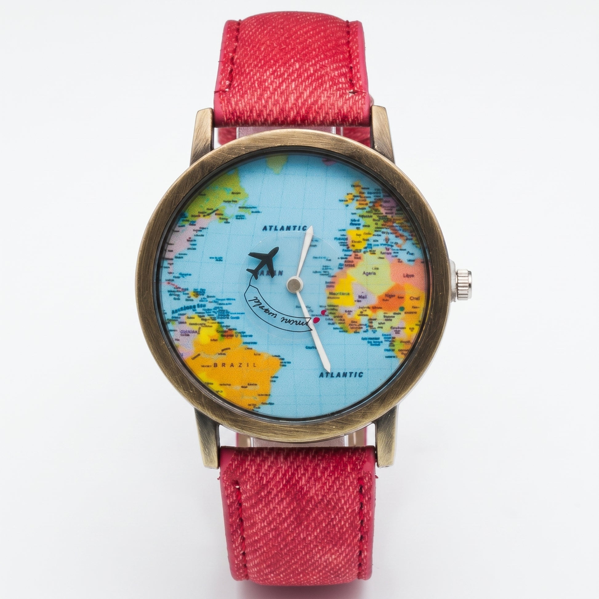 Women's vintage world map watch with red strap, round gold-tone case and elegant travel-inspired design