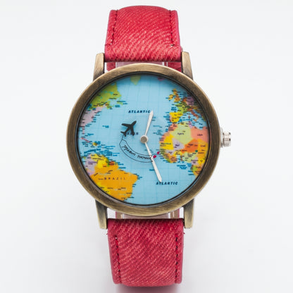 Women's vintage world map watch with red strap, round gold-tone case and elegant travel-inspired design