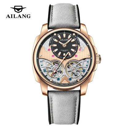 AILANG Double Tourbillon Series Luxury Mechanical Watch for Men Fashion Leather Strap Waterproof Automatic Skeleton Watches Mens