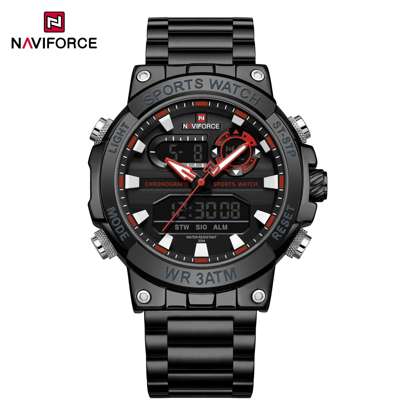 Montre numérique à quartz NAVIFORCE pour hommes, étanche, lumineuse, avec date, bracelet en acier inoxydable, chronographe, montres de sport