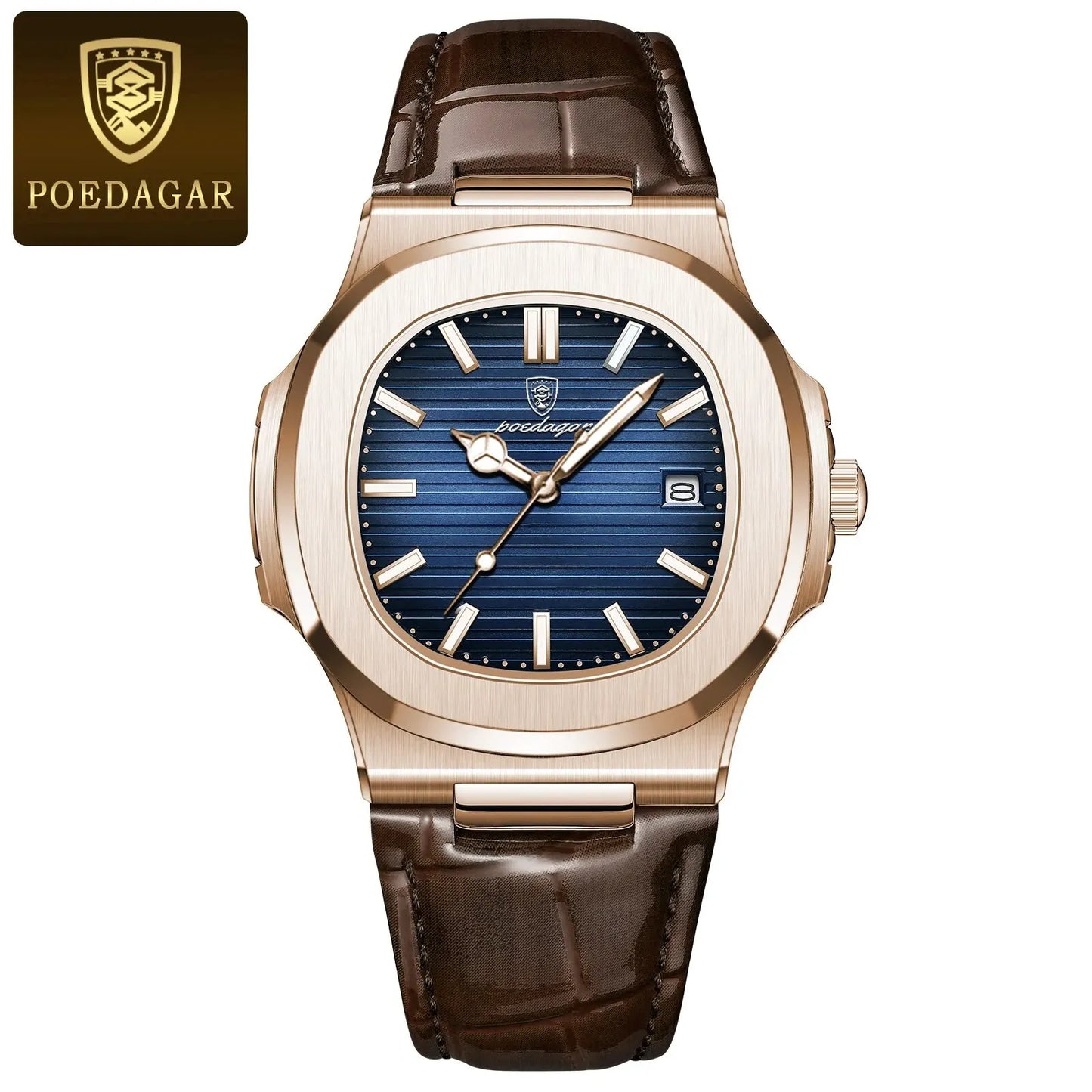 POEDAGAR Montre Homme Carrée Luxe Date Étanche Lumineuse Qualité Supérieure Bracelet Cuir Montre-Bracelet Quartz Homme+Boîte Reloj