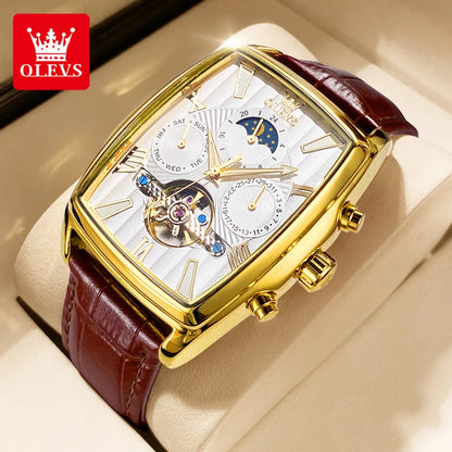 OLEVS 6675 Montre automatique originale pour homme, marque de luxe, cadran carré, phase de lune, volant ajouré, montre-bracelet mécanique pour homme