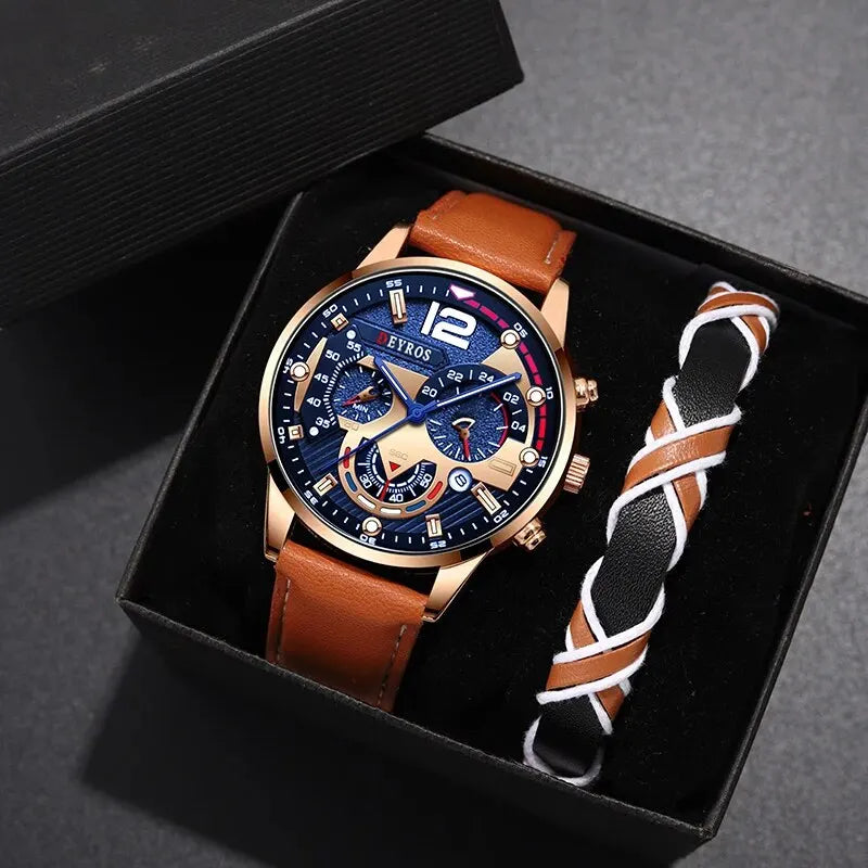 Ensemble 2 Pièces Montres Tendance Homme Calendrier Luxe Masculin Business Décontracté en Cuir Marron Montre à Quartz Homme Bracelet Montre-Bracelet