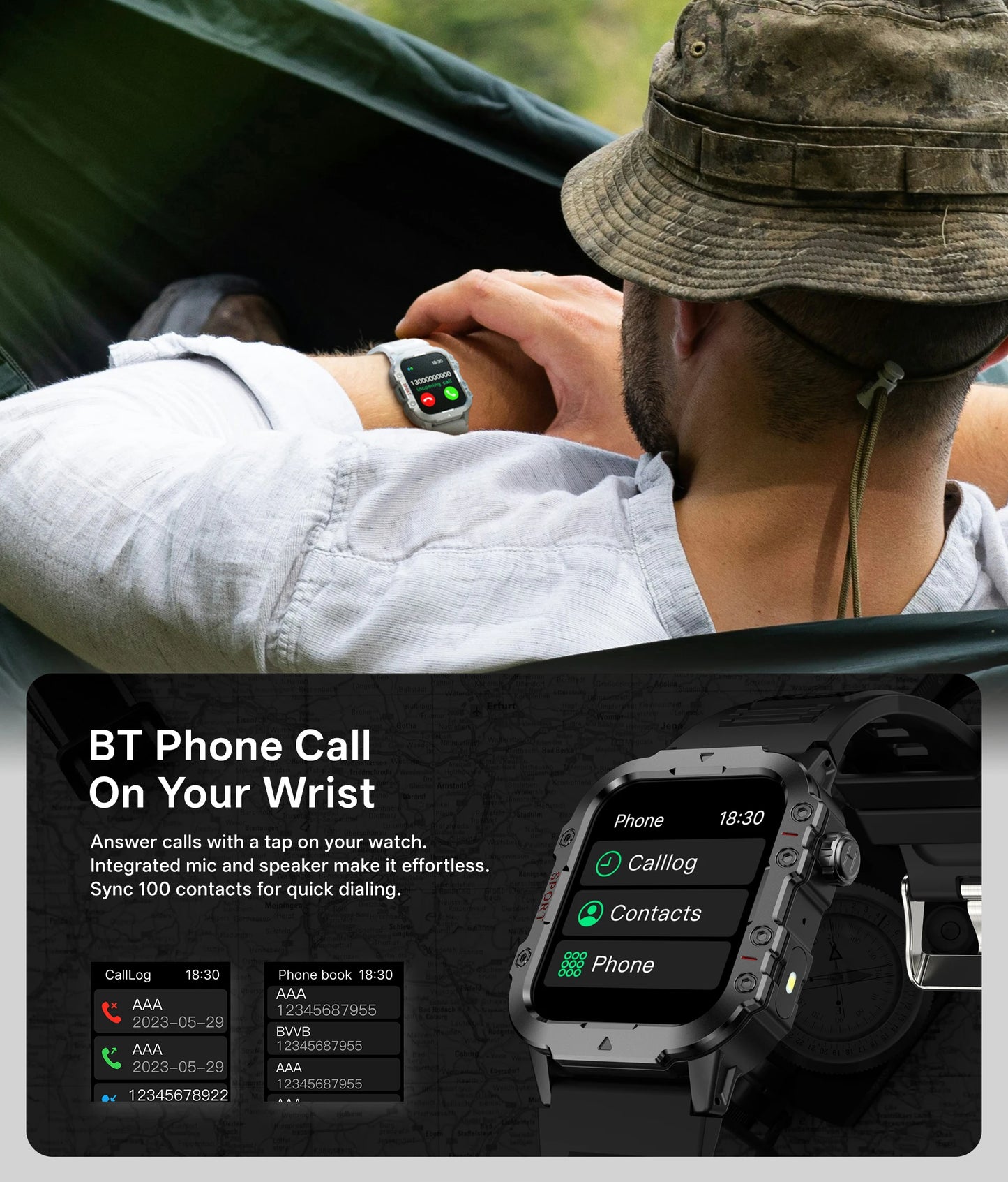 Montre intelligente militaire pour hommes 2026 IP67 3ATM, moniteur de santé de suivi de fitness sportif en extérieur de 1,44 pouce avec appel Bluetooth