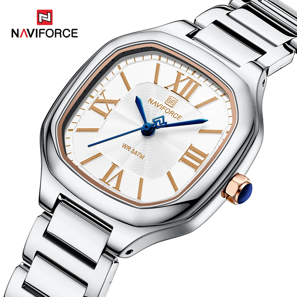 NAVIFORCE Montre de luxe pour femme, cadran carré, quartz, étanche, en acier inoxydable