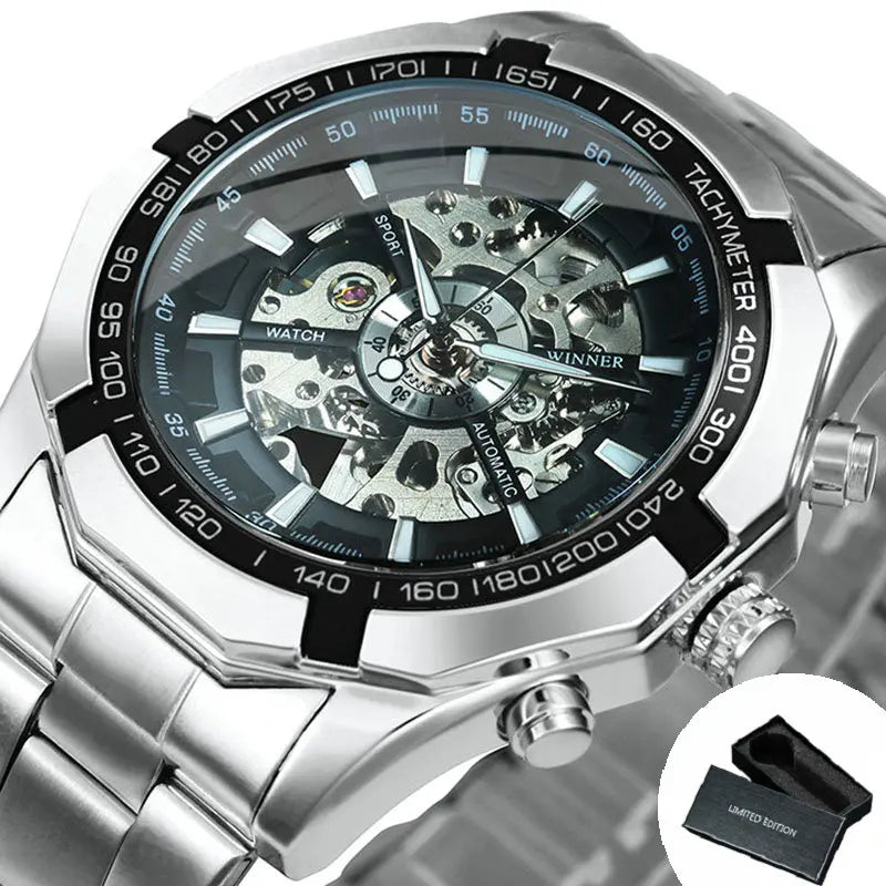 WINNER Casual Skeleton Mechanical Mens Watches Top Brand Luxury Sports Forsining Automatic Watch Stainless Steel Strap Luminous