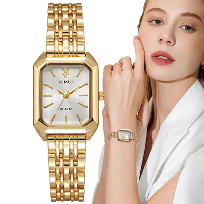 Montre à quartz de luxe pour femme, mode, cadran simple, carré, plaqué or de qualité, montre-bracelet d'affaires en acier inoxydable avec boucle déployante