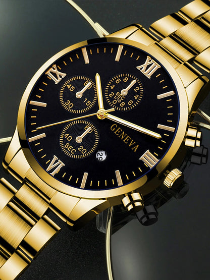 Ensemble de 4 pièces : montre à quartz pour homme en alliage doré de style romain avec calendrier et collier croix, bracelet et bague, cadeau sélectionné