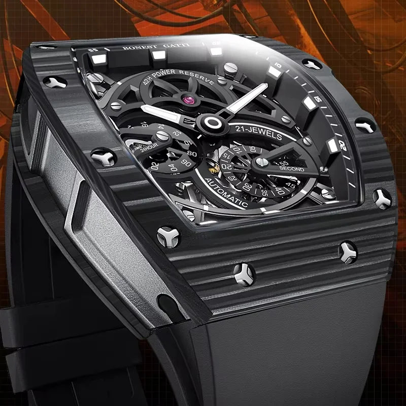 BONEST GATTI Men Mechanical Watch Carbon Fiber Bezel Tonneau Luminou Case Fluororubber Strap Small Second Dial Watches For Men