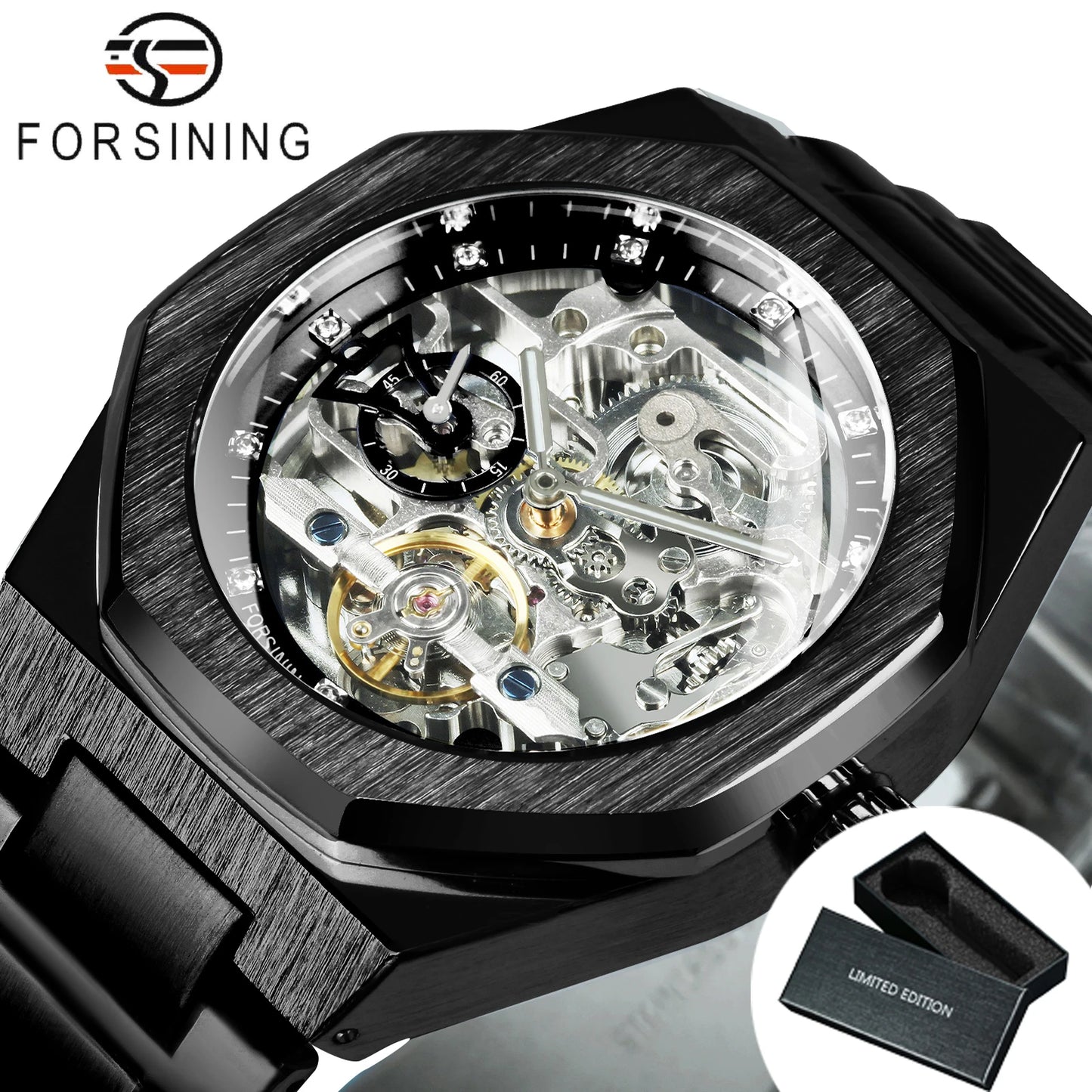 Forsining Silver Automatic Watch Men 3D Diamond Dial Irregular Tourbillon Skeleton Mechanical Wristwatches Luminous Hands Clock
