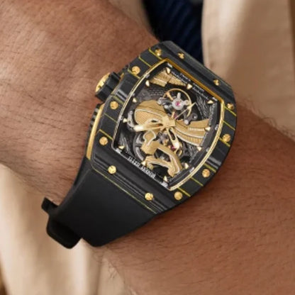 BONEST GATTI Montre Homme Automatique 51mm Tonneau Mécanique Bracelet Fibre de Carbone Verre Saphir Cadran Lumineux Grande Muraille