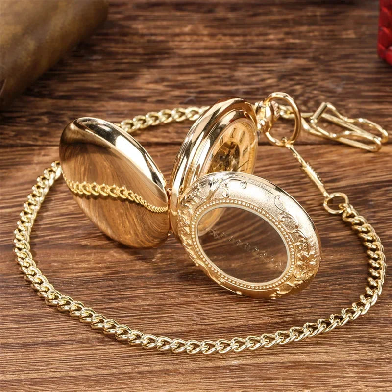 Luxury Golden Double Hunter Handwinding Mechanical Pocket Watch Roman Number Dial with Pendant Chain Retro Timepiece Gift