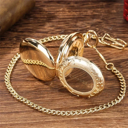 Luxury Golden Double Hunter Handwinding Mechanical Pocket Watch Roman Number Dial with Pendant Chain Retro Timepiece Gift