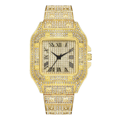Montre-bracelet à quartz classique de luxe pour hommes avec bracelet en acier, cadran carré à chiffres romains et strass, pour hommes, Relogio Masculino