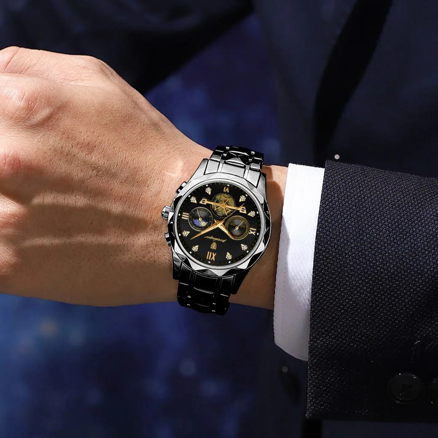 POEDAGAR Montre-bracelet homme de haute qualité en acier inoxydable, chronographe, pour affaires, étanche, lumineuse, à quartz