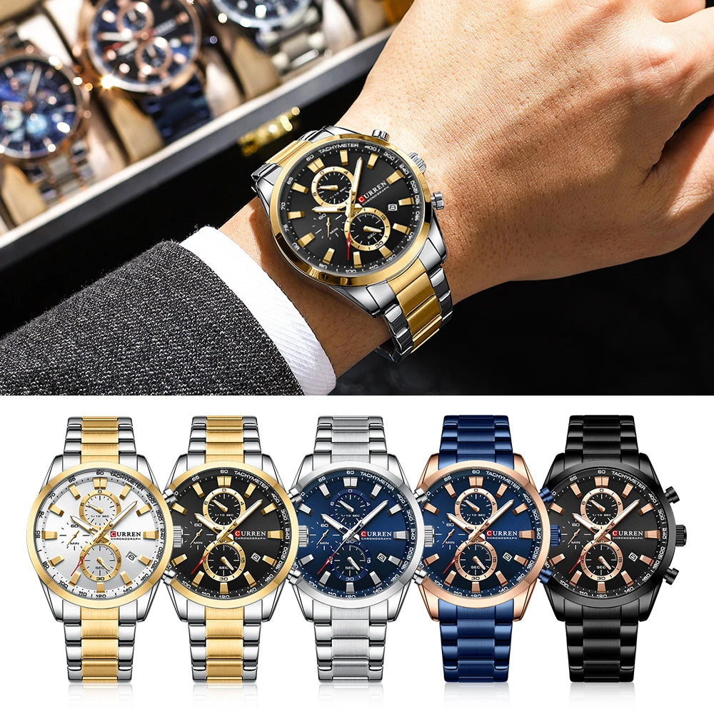 CURREN Montre Sport Chrono à Quartz pour Homme - Bracelet en Acier Inoxydable et Cadran Multifonction