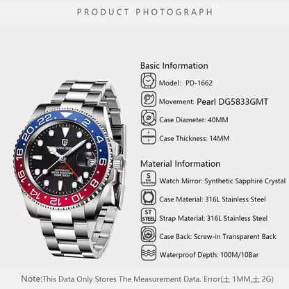 Nouvelle PD-1662 PAGANI DESIGN Montre-bracelet automatique GMT en acier inoxydable, étanche 100M, pour homme, montre mécanique haut de gamme 40mm