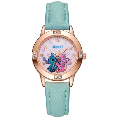 Stitch-themed kids watch with leather strap and rhinestone dial