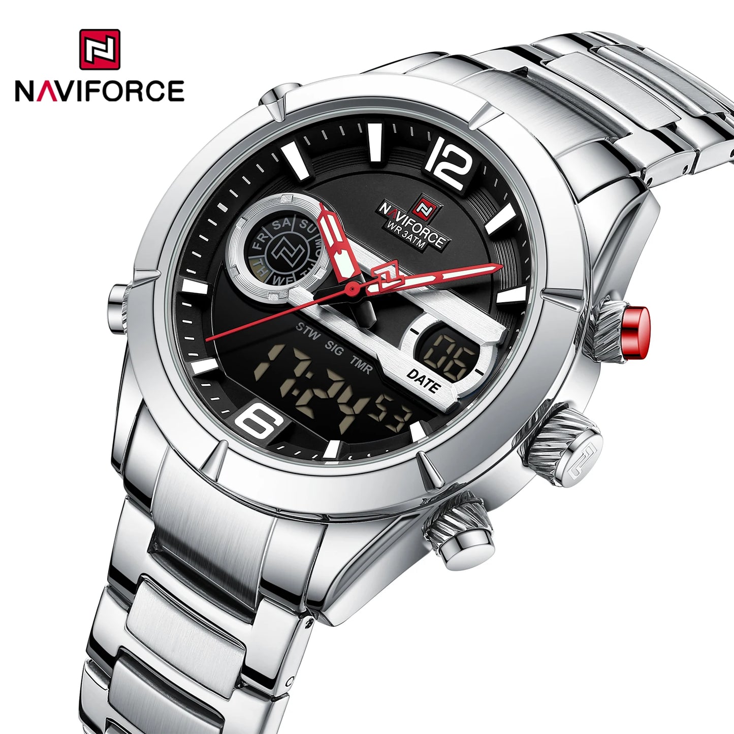 Montre de sport militaire de luxe NAVIFORCE pour hommes, lumineuse, étanche, bracelet en acier, affichage double numérique à quartz, montre-bracelet masculine.