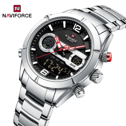 Montre de sport militaire de luxe NAVIFORCE pour hommes, lumineuse, étanche, bracelet en acier, affichage double numérique à quartz, montre-bracelet masculine.