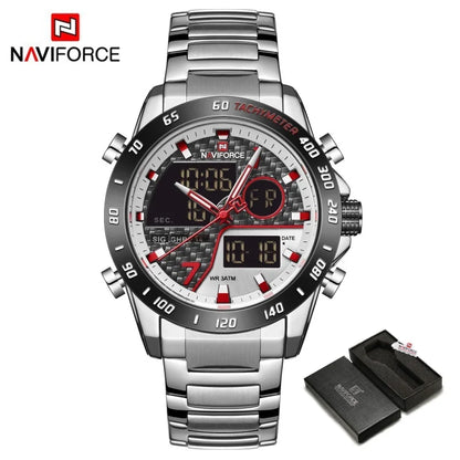 Montres NAVIFORCE Hommes Quartz Double Affichage Lumineux Bracelet en Acier Inoxydable Montre-Bracelet Masculine Affaires Quotidiennes Cadeaux Fête des Pères