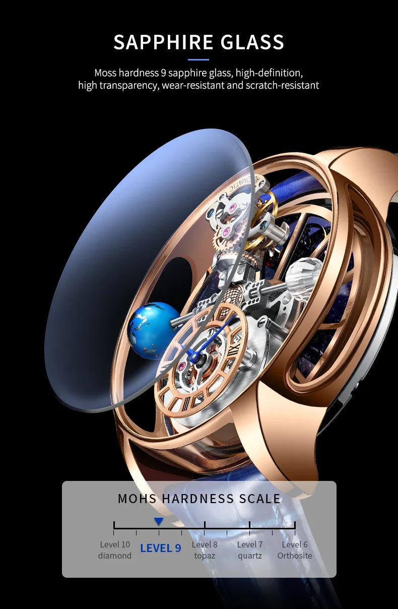 PINDU Design Montre à quartz pour homme collection Celestial, miroir incurvé, cadran ciel étoilé, surface cristalline, thème Terre, montre-bracelet