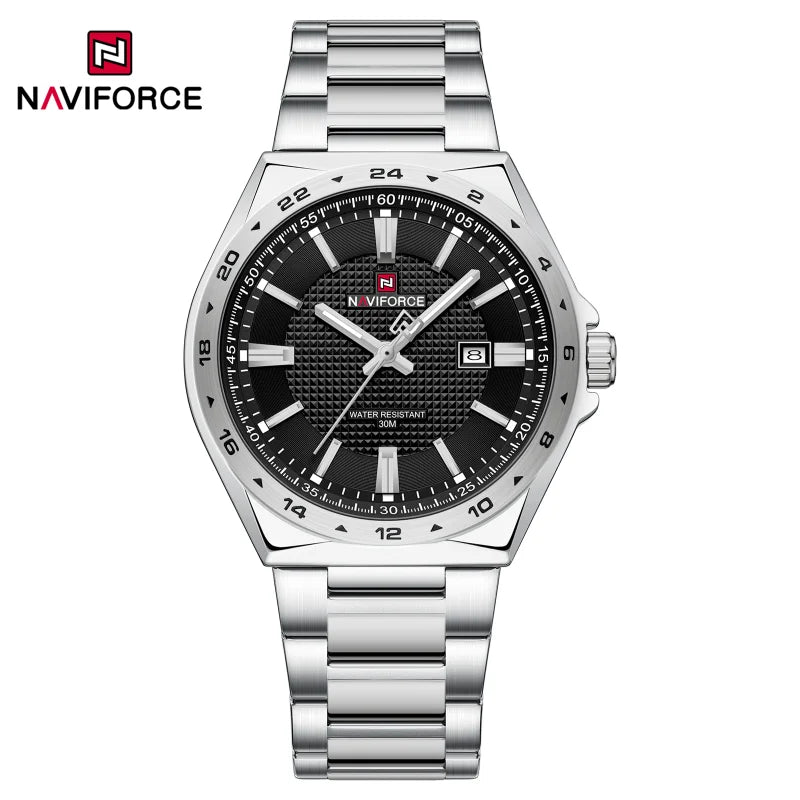 Montres de sport étanches NAVIFORCE 3 ATM pour hommes - Montre-bracelet à quartz de luxe en acier inoxydable avec affichage lumineux de la date