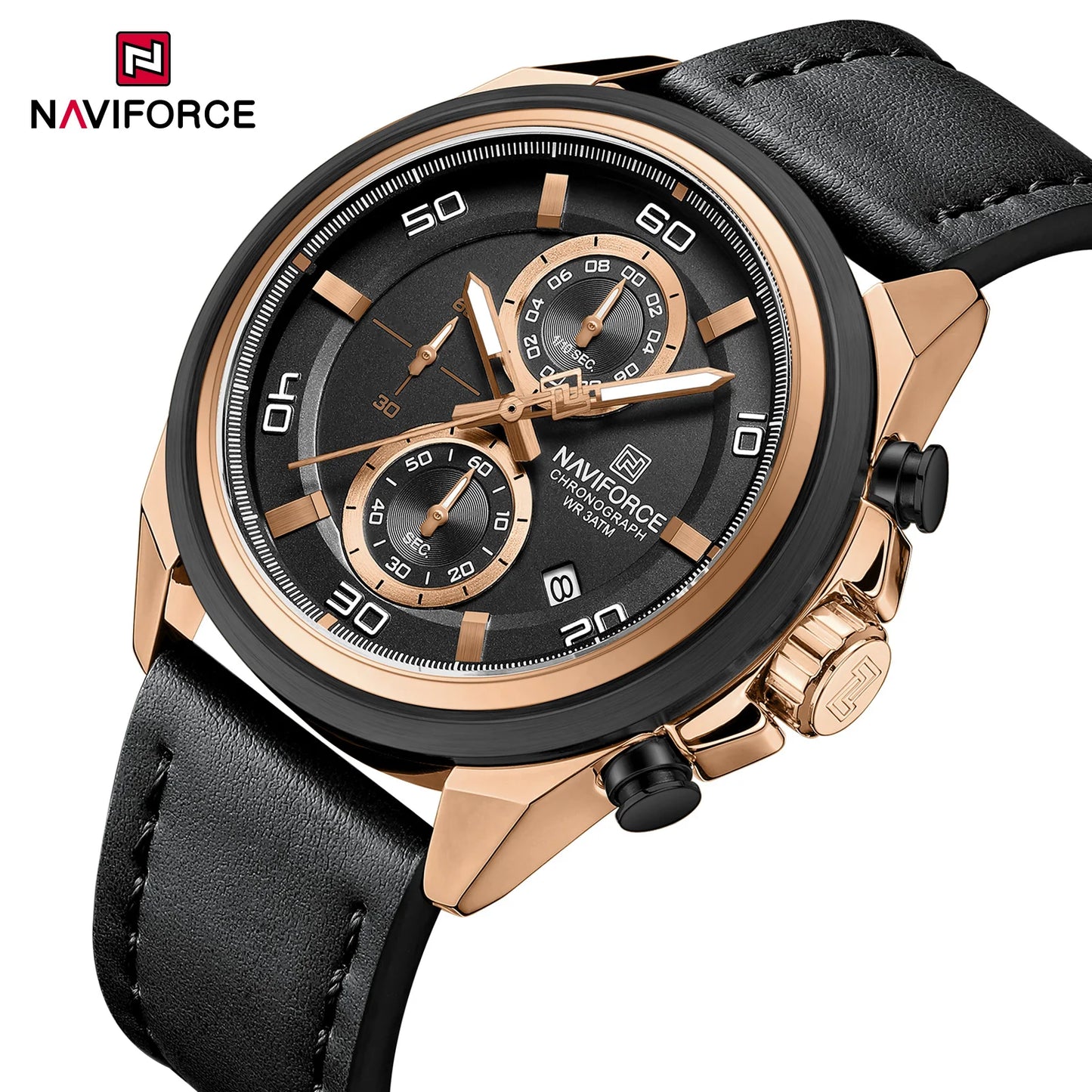 Montres étanches NAVIFORCE pour hommes Montre-bracelet à quartz de luxe en cuir véritable pour hommes Chronographe militaire tendance