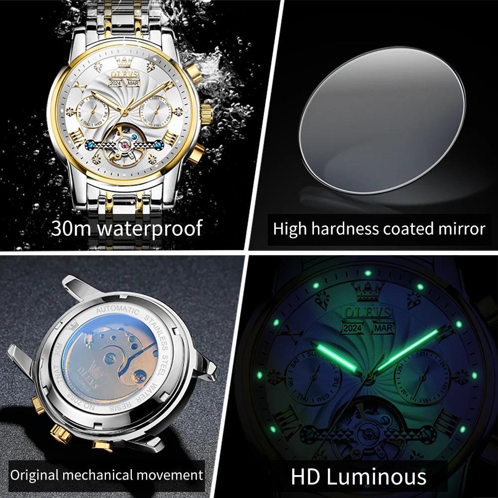 OLEVS 7088 Montre Homme de Luxe Originale Chronographe Date Acier Inoxydable Étanche Montre Mécanique pour Hommes NOUVEAU