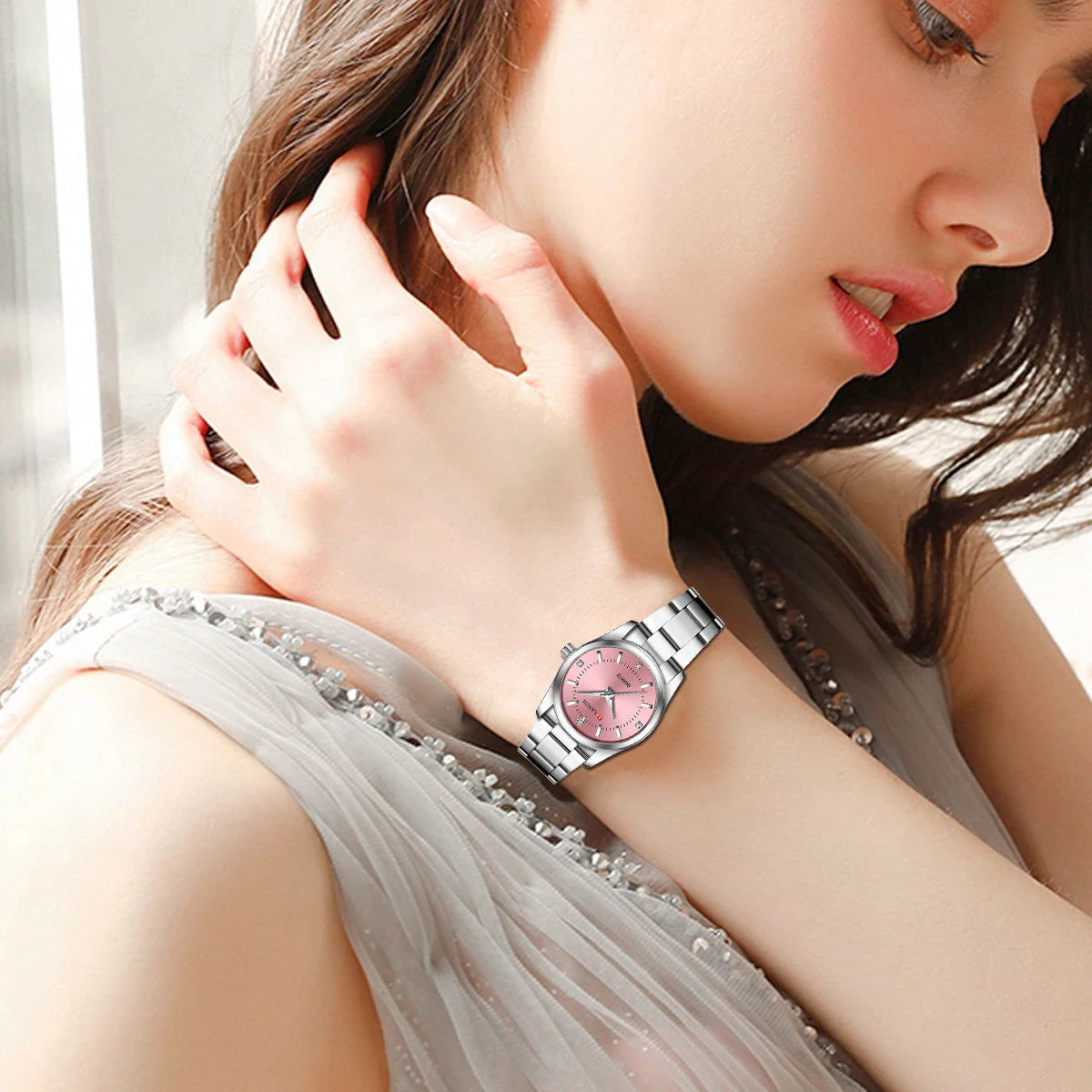 Montre de luxe pour femme 29mm à la mode en acier inoxydable avec strass rose minimaliste, horloge pour fille, montres-bracelets de voyage pour femme