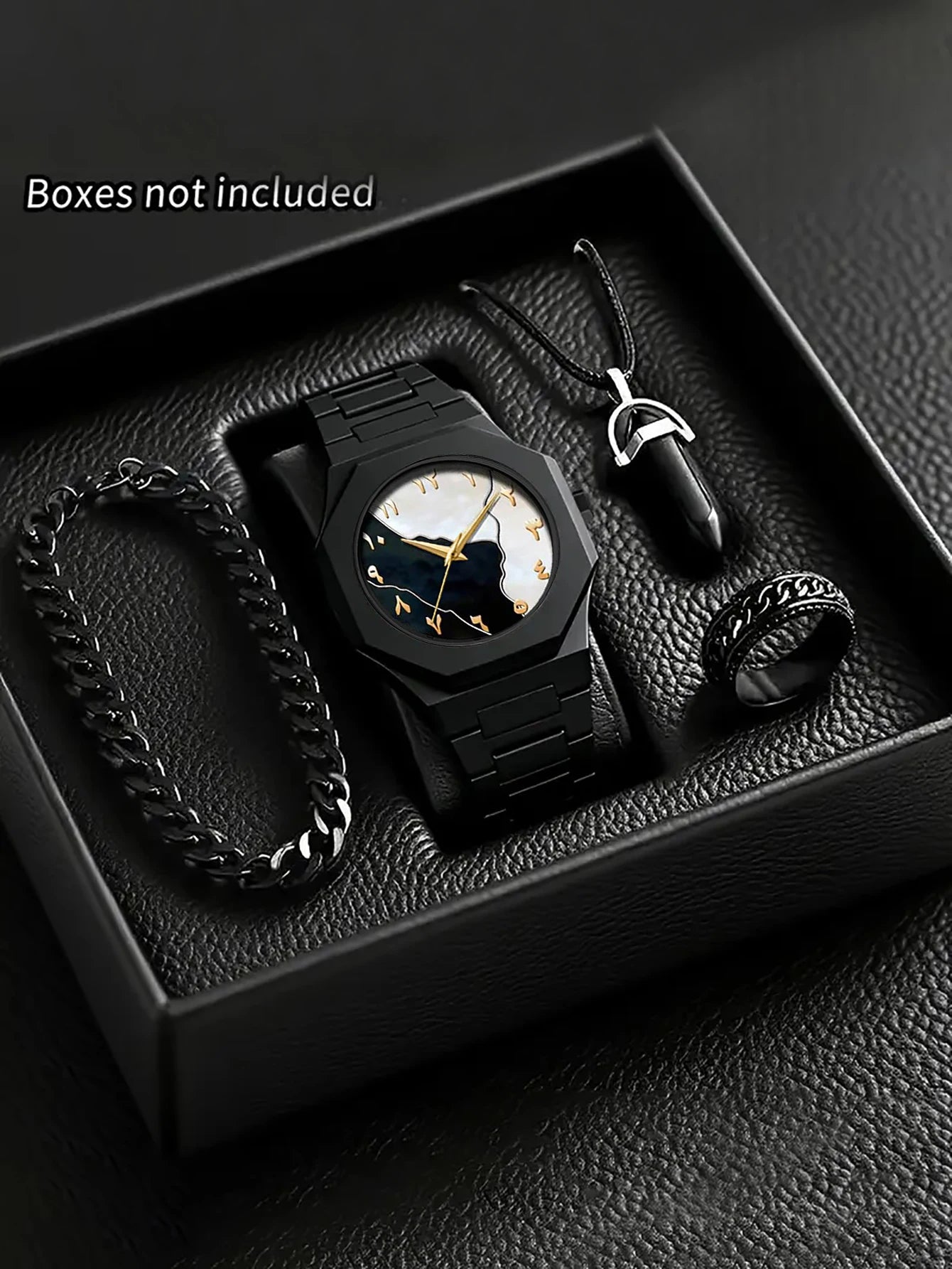 Ensemble Montre à Quartz Homme Bracelet Collier Bague, Bracelet en Plastique, Idéal pour le Quotidien et les Cadeaux de Fête, Boîte Non Incluse