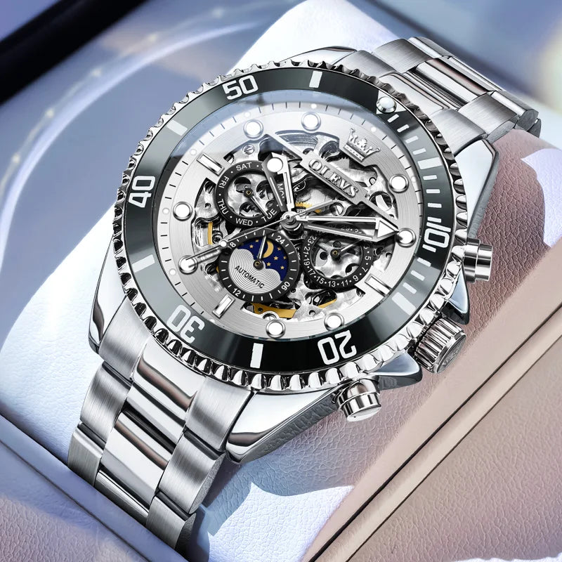 OLEVS Brand Luxury Automatic Mechanical Watch Men Skeleton Watch Week Date Waterproof Stainless Steel Hollow Business Men Watch