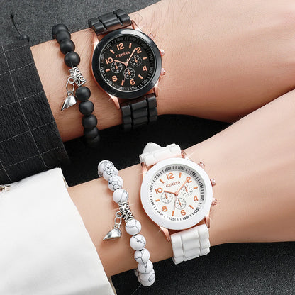 Montres de couple 4 pièces, à la mode, pour femmes arabes, montres-bracelets décontractées à quartz avec bracelet en silicone et bracelets magnétiques en forme de cœur
