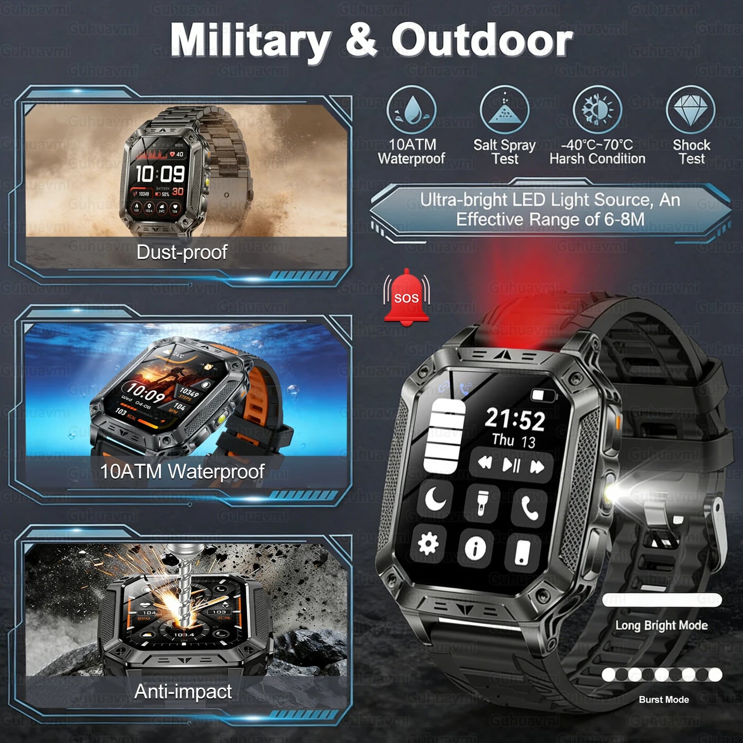 Montre Intelligente Militaire Homme 1500mAh Longue Autonomie Sport Extérieur Montre Connectée Homme Étanche 10ATM Fréquence Cardiaque Appel BT Grande Batterie