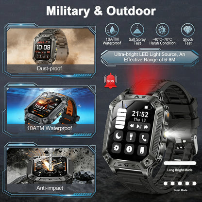 Montre Intelligente Militaire Homme 1500mAh Longue Autonomie Sport Extérieur Montre Connectée Homme Étanche 10ATM Fréquence Cardiaque Appel BT Grande Batterie